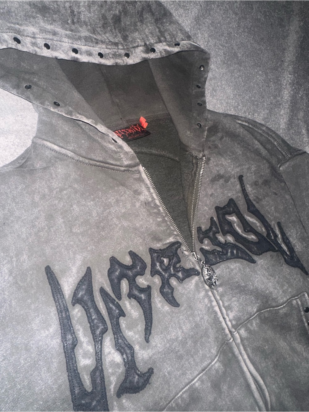 Zumiez Gray Hooded Zip Jacket with Black Appliqué